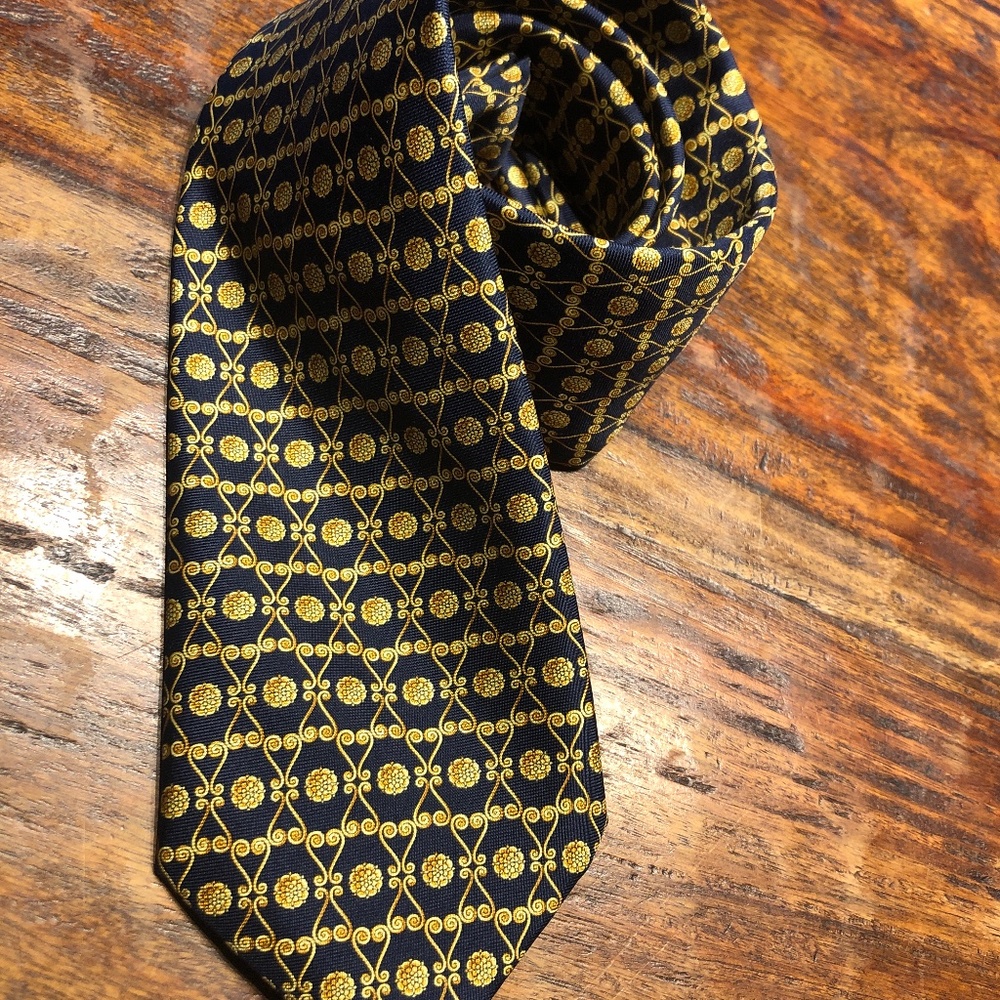 Silk Tie -- Navy and Gold Medallion Print